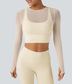 Contrast Mesh Long Sleeve Thumb Hole 2-in-1 Cropped Yoga Sports Top — Pearled Ivory — view 5