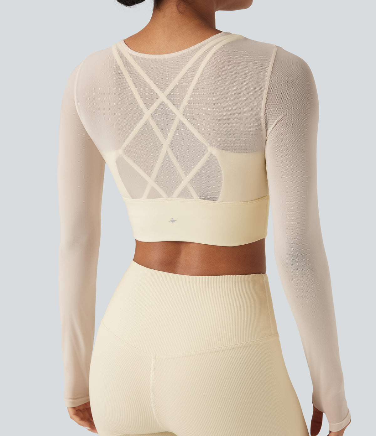 Contrast Mesh Long Sleeve Thumb Hole 2-in-1 Cropped Yoga Sports Top — Pearled Ivory — view 4