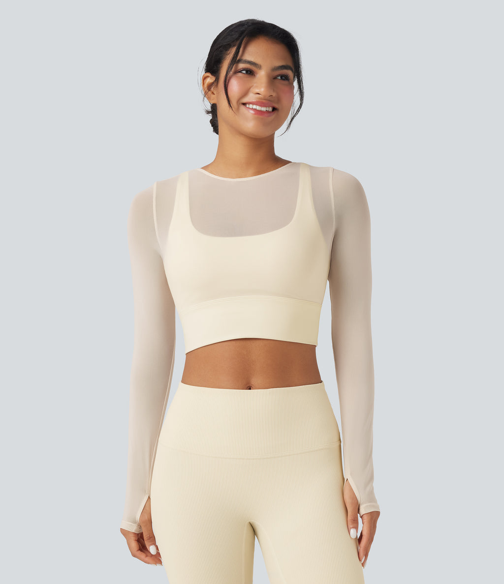 Contrast Mesh Long Sleeve Thumb Hole 2-in-1 Cropped Yoga Sports Top — Pearled Ivory — view 2