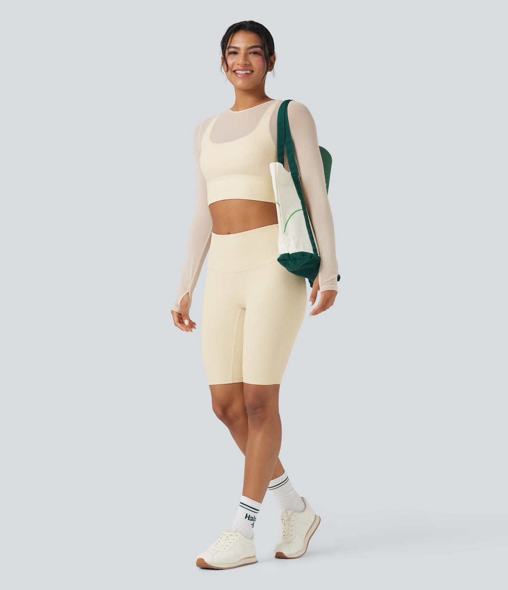 Contrast Mesh Long Sleeve Thumb Hole 2-in-1 Cropped Yoga Sports Top — Pearled Ivory — view 6
