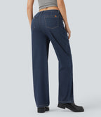 High Waisted Straight Leg Casual Jeans with Pockets — Pageant Blue Denim — view 2
