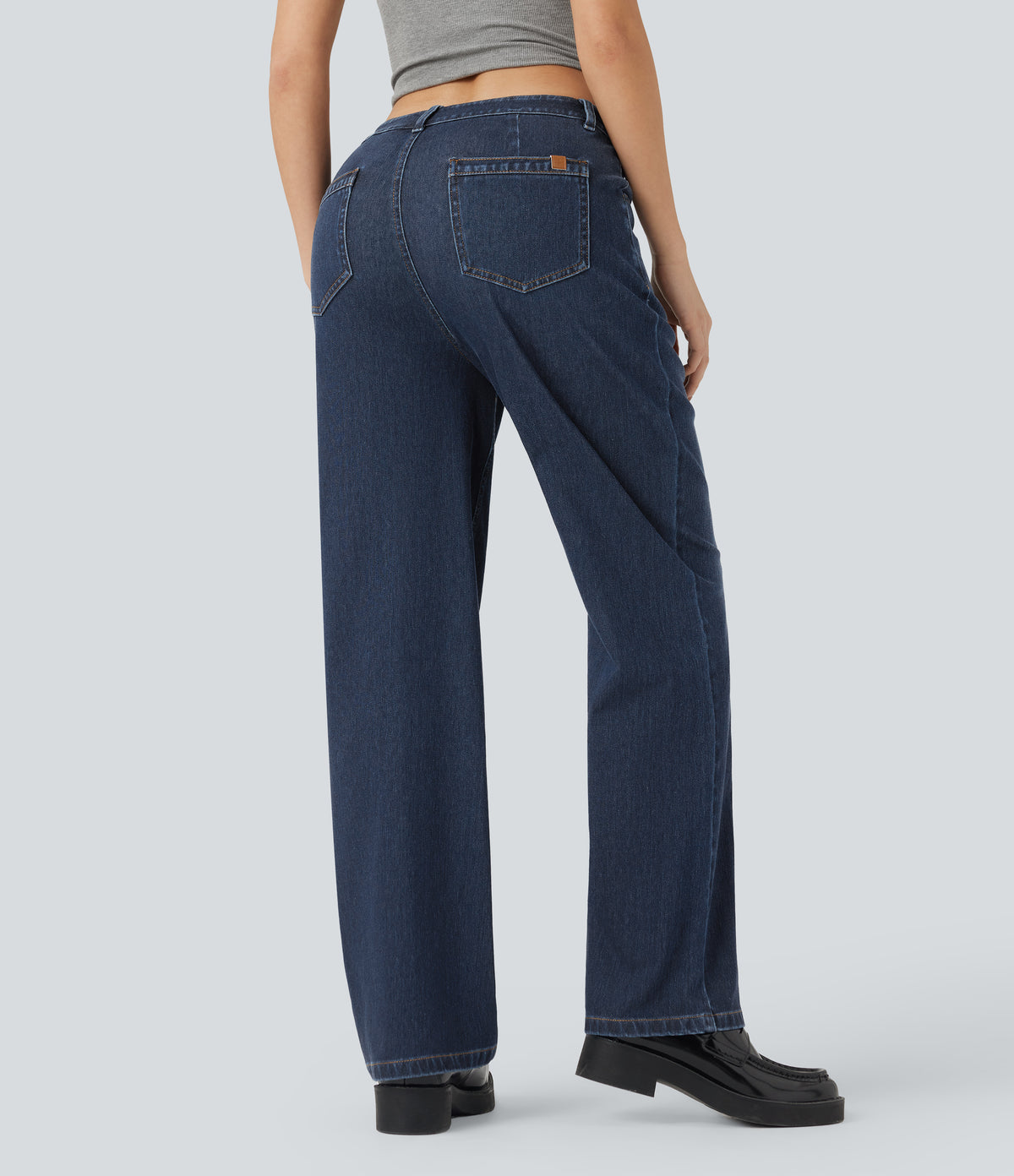 High Waisted Straight Leg Casual Jeans with Pockets — Pageant Blue Denim — view 2