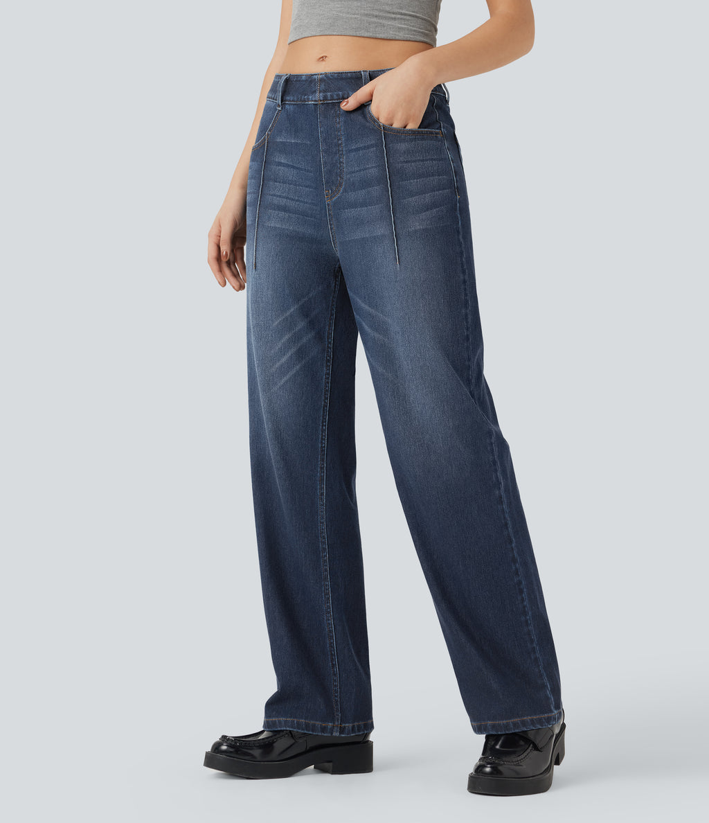 High Waisted Straight Leg Casual Jeans with Pockets — Pageant Blue Denim — view 1