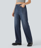 High Waisted Straight Leg Casual Jeans with Pockets — Pageant Blue Denim — view 1