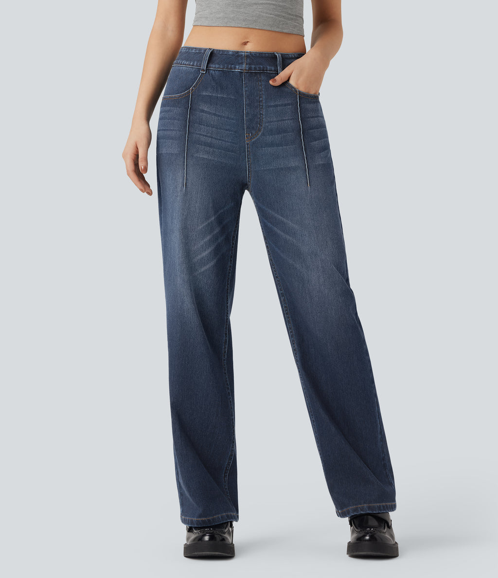 High Waisted Straight Leg Casual Jeans with Pockets — Pageant Blue Denim — view 3