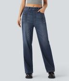 High Waisted Straight Leg Casual Jeans with Pockets — Pageant Blue Denim — view 3