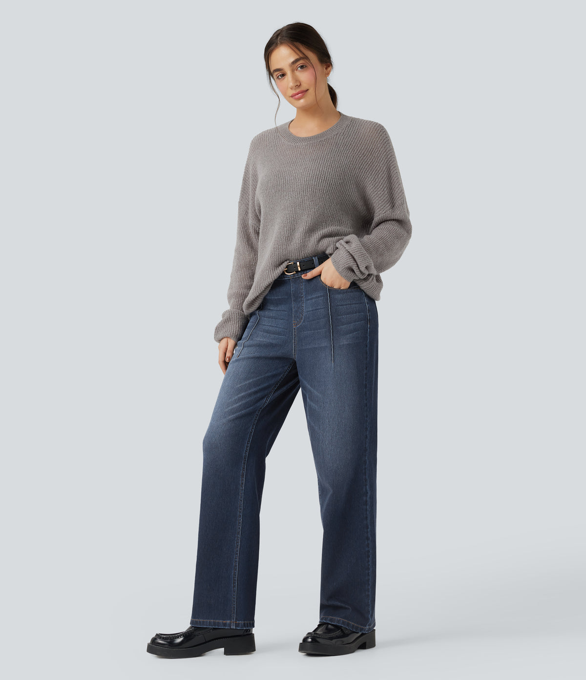 High Waisted Straight Leg Casual Jeans with Pockets — Pageant Blue Denim — view 6