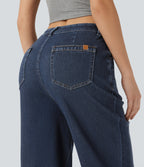 High Waisted Straight Leg Casual Jeans with Pockets — Pageant Blue Denim — view 5