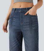 High Waisted Straight Leg Casual Jeans with Pockets — Pageant Blue Denim — view 4