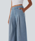 Mid Rise Wide Leg Casual Jeans with Pockets — Malibu Blue Denim — view 4