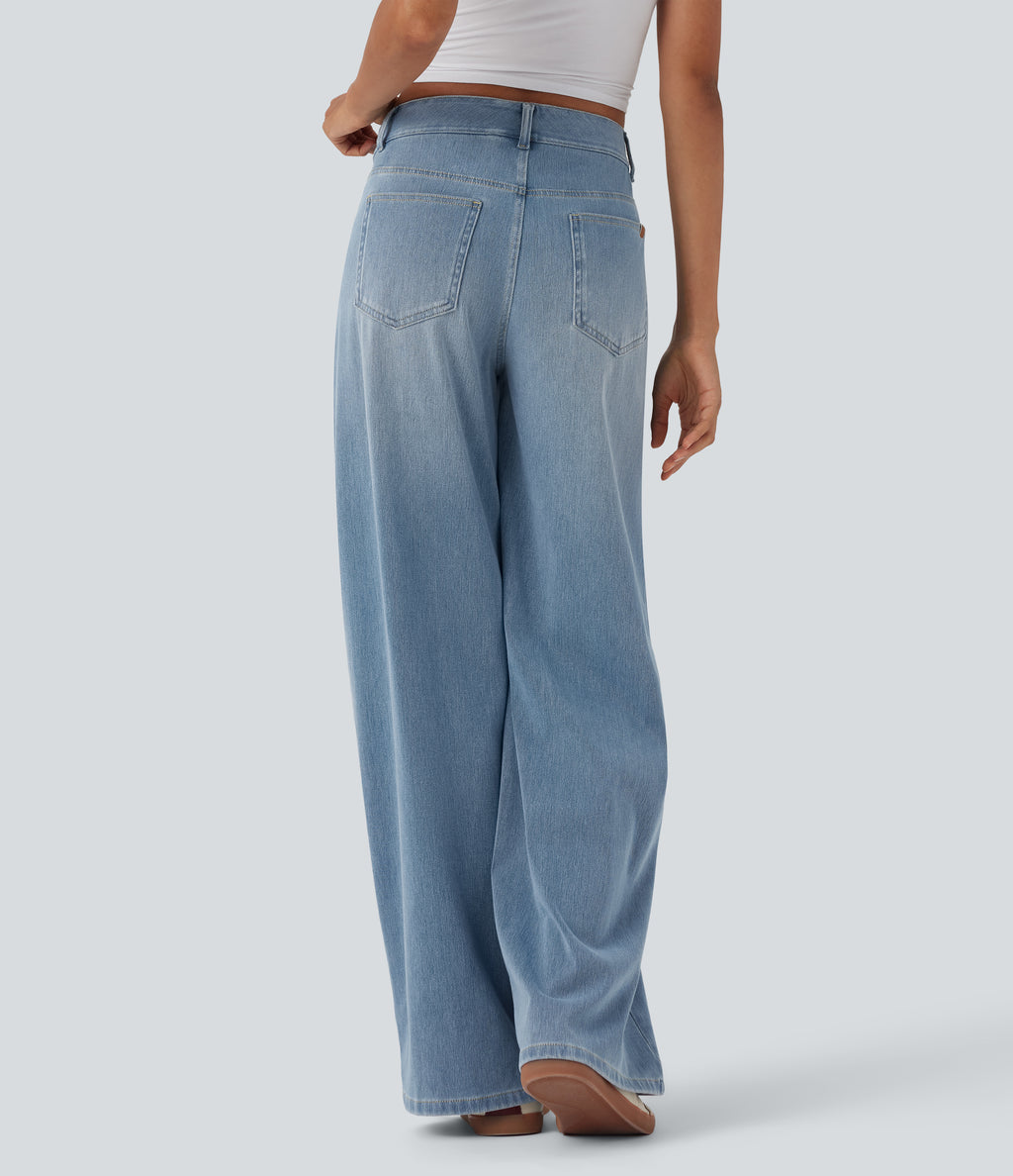 Mid Rise Wide Leg Casual Jeans with Pockets — Malibu Blue Denim — view 2