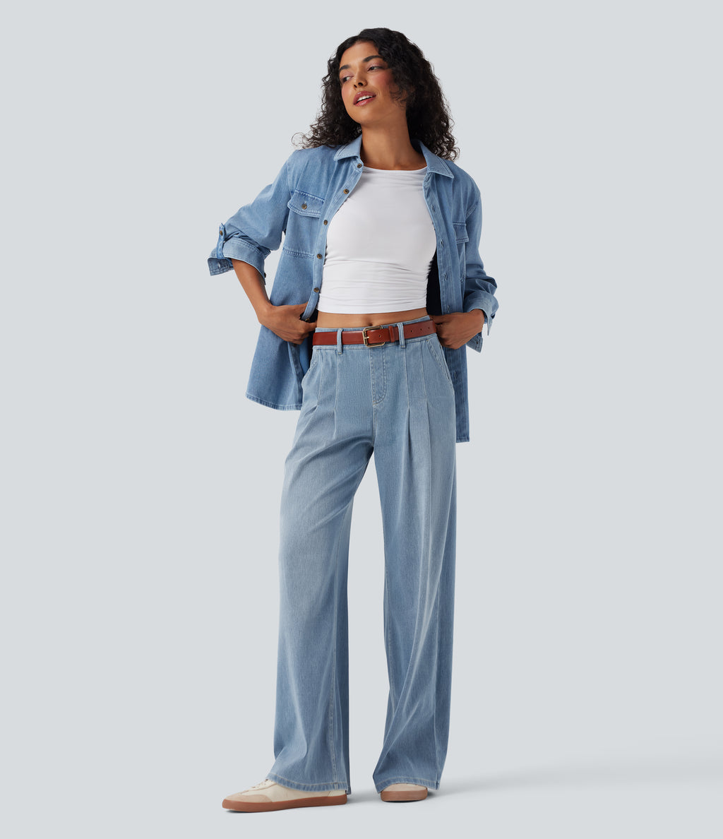 Mid Rise Wide Leg Casual Jeans with Pockets — Malibu Blue Denim — view 7