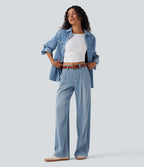 Mid Rise Wide Leg Casual Jeans with Pockets — Malibu Blue Denim — view 7