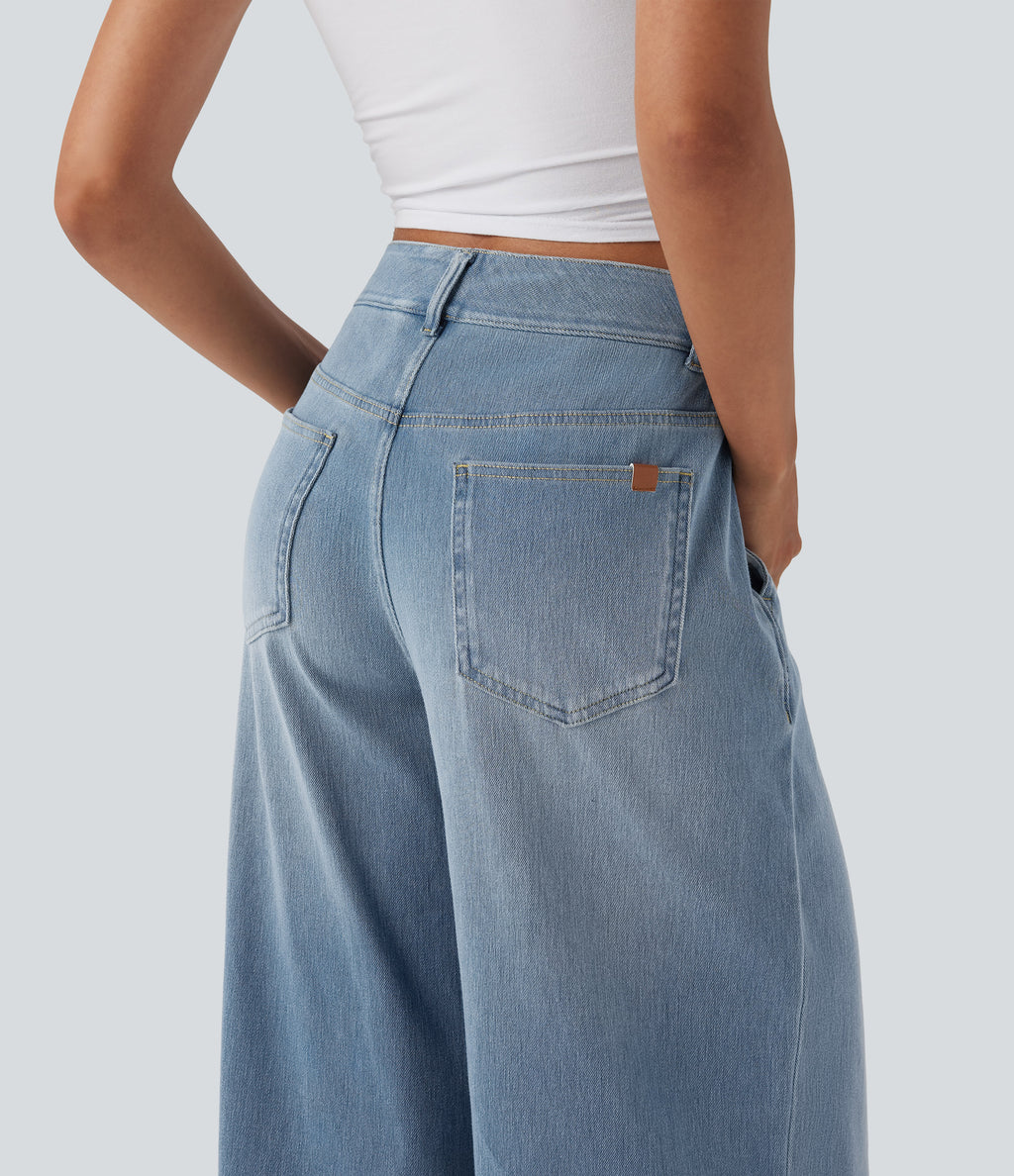 Mid Rise Wide Leg Casual Jeans with Pockets — Malibu Blue Denim — view 5