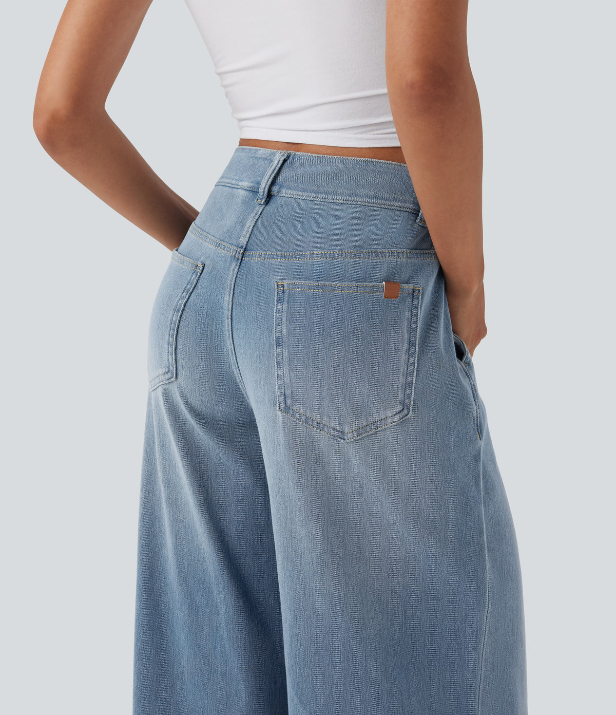 Mid Rise Wide Leg Casual Jeans with Pockets — Malibu Blue Denim — view 5