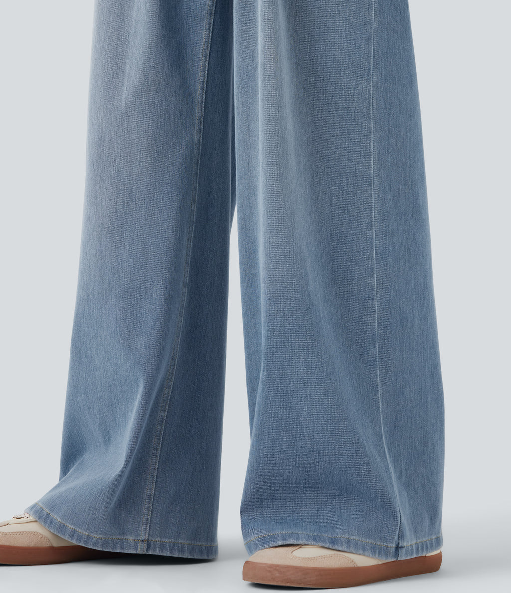 Mid Rise Wide Leg Casual Jeans with Pockets — Malibu Blue Denim — view 6