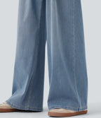 Mid Rise Wide Leg Casual Jeans with Pockets — Malibu Blue Denim — view 6