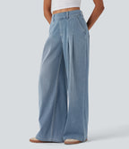 Mid Rise Wide Leg Casual Jeans with Pockets — Malibu Blue Denim — view 3