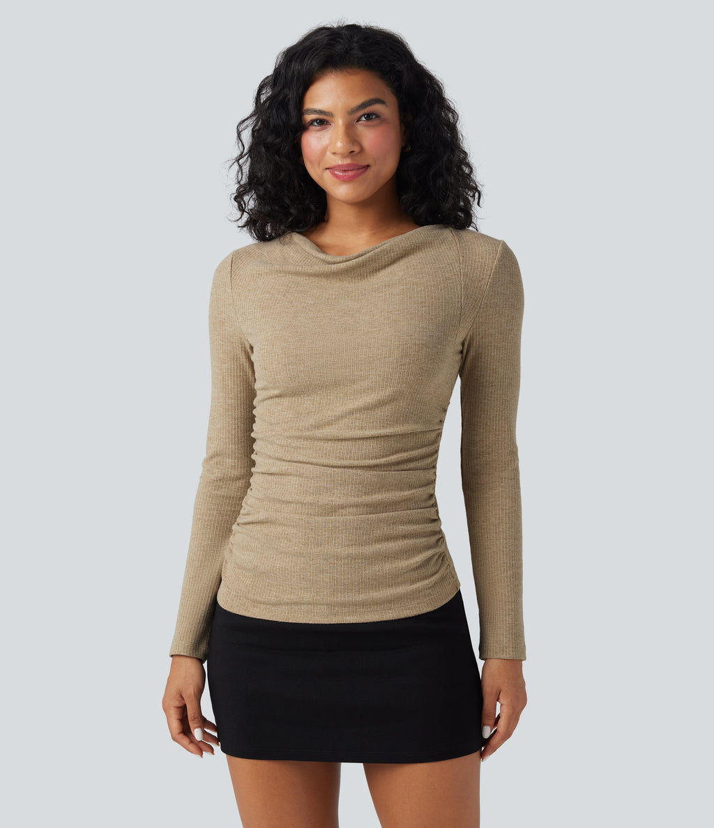 Ribbed Knit Cowl Neck Long Sleeve Ruched Casual Top — Cornstalk — view 1