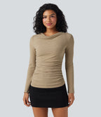 Ribbed Knit Cowl Neck Long Sleeve Ruched Casual Top — Cornstalk — view 1