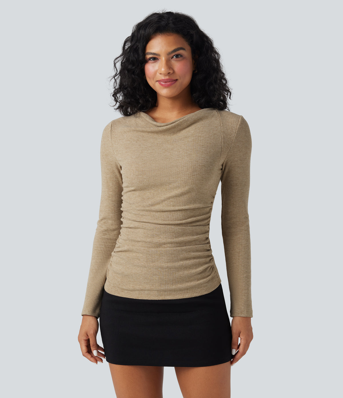Ribbed Knit Cowl Neck Long Sleeve Ruched Casual Top — Cornstalk — view 1