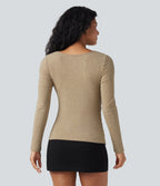 Ribbed Knit Cowl Neck Long Sleeve Ruched Casual Top — Cornstalk — view 2