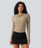 Ribbed Knit Cowl Neck Long Sleeve Ruched Casual Top — Cornstalk — view 4