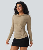 Ribbed Knit Cowl Neck Long Sleeve Ruched Casual Top — Cornstalk — view 3