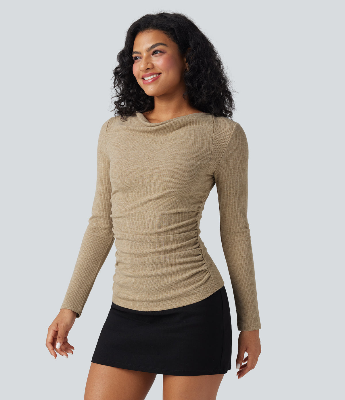 Ribbed Knit Cowl Neck Long Sleeve Ruched Casual Top — Cornstalk — view 3