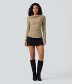 Ribbed Knit Cowl Neck Long Sleeve Ruched Casual Top — Cornstalk — view 8