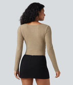 Ribbed Knit Cowl Neck Long Sleeve Ruched Casual Top — Cornstalk — view 5