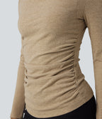 Ribbed Knit Cowl Neck Long Sleeve Ruched Casual Top — Cornstalk — view 7