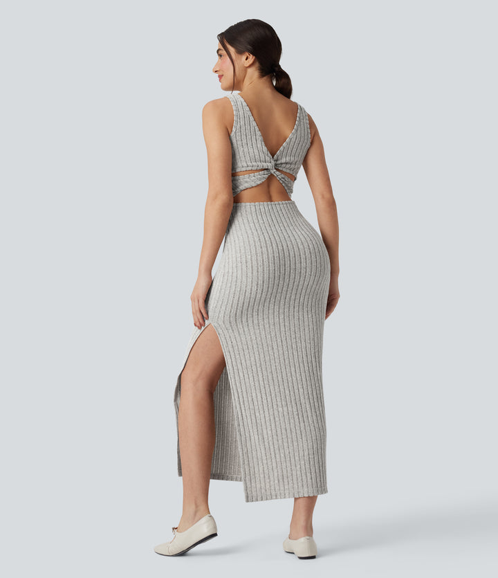 Ribbed Knit Square Neck Sleeveless Twist-back Split Fleece Casual Bodycon Maxi Dress — Warm Grey Floral Velvet — view 1