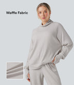 High-neck Long Sleeve Thumb Holes Oversized Waffle Casual Sweatshirt with Pockets — Wind Chime — view 1