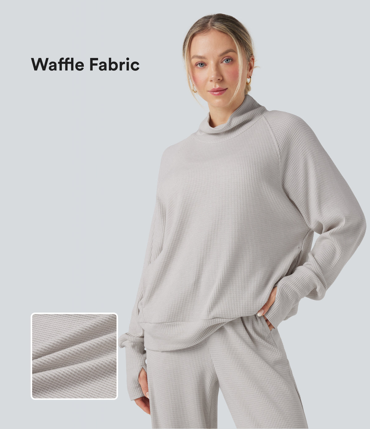 High-neck Long Sleeve Thumb Holes Oversized Waffle Casual Sweatshirt with Pockets — Wind Chime — view 1