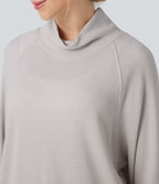 High-neck Long Sleeve Thumb Holes Oversized Waffle Casual Sweatshirt with Pockets — Wind Chime — view 4