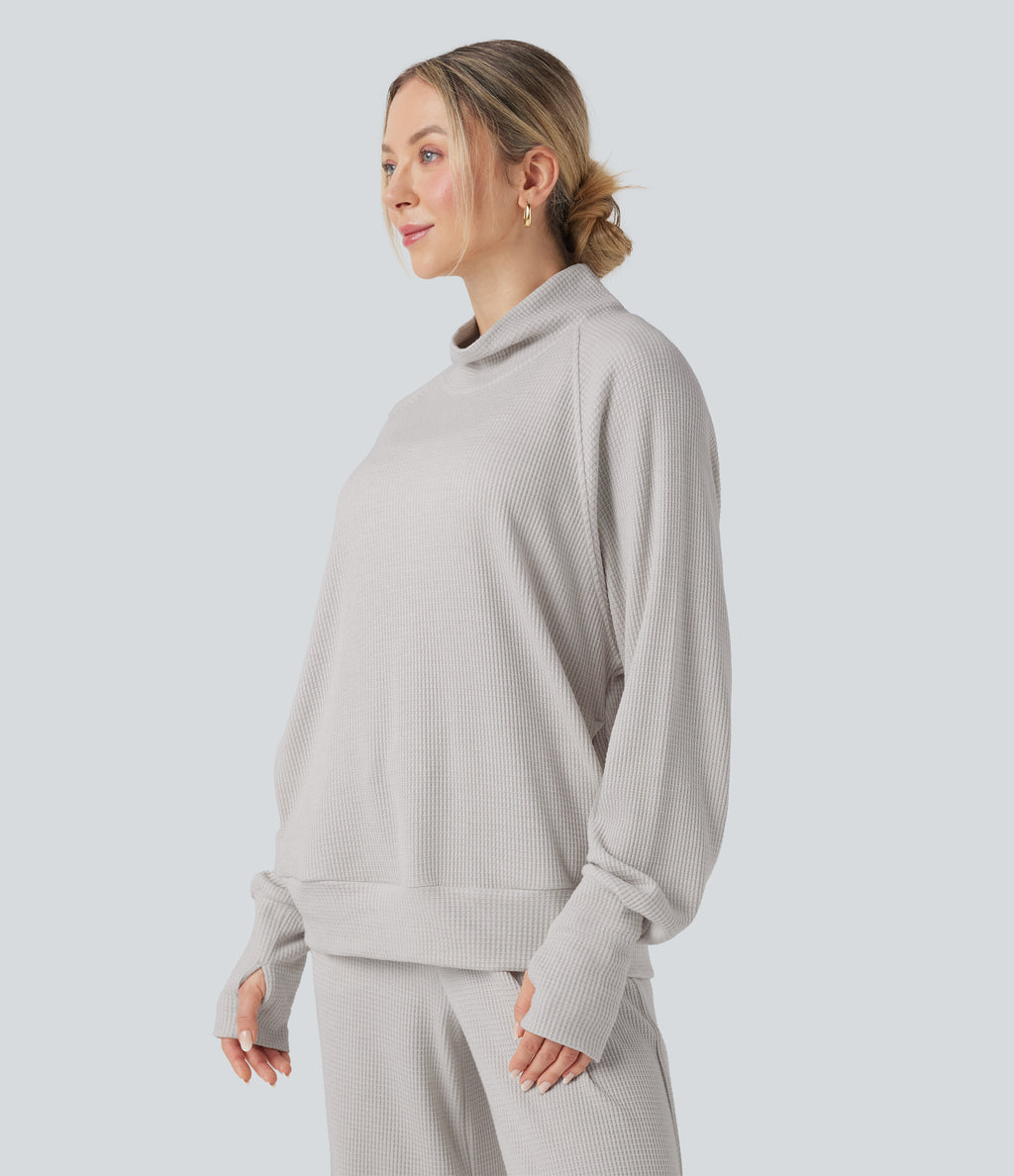 High-neck Long Sleeve Thumb Holes Oversized Waffle Casual Sweatshirt with Pockets — Wind Chime — view 3