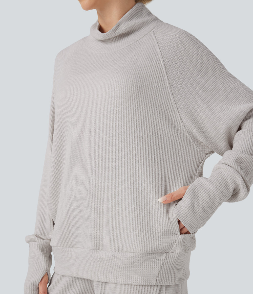 High-neck Long Sleeve Thumb Holes Oversized Waffle Casual Sweatshirt with Pockets — Wind Chime — view 5