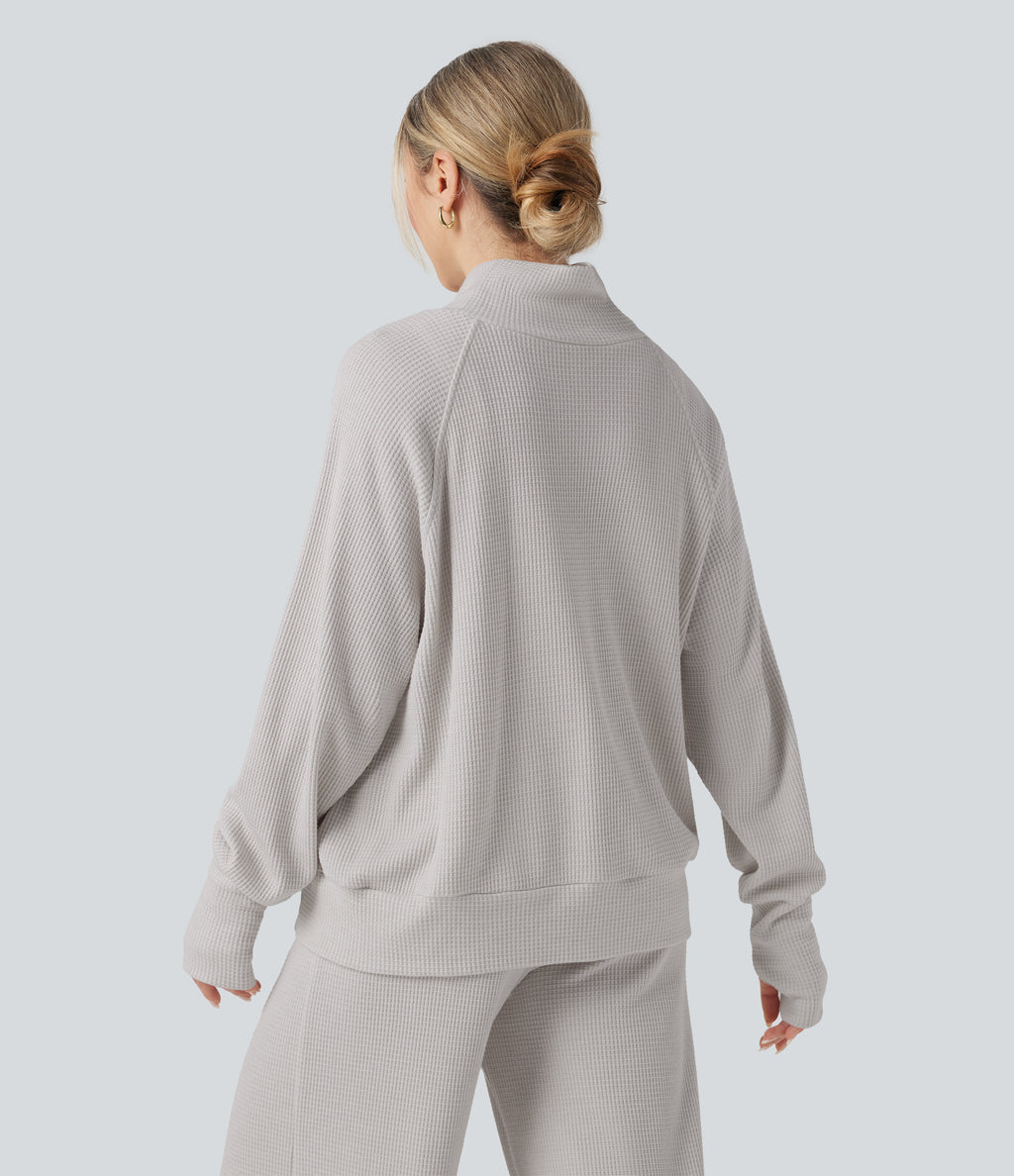 High-neck Long Sleeve Thumb Holes Oversized Waffle Casual Sweatshirt with Pockets — Wind Chime — view 2