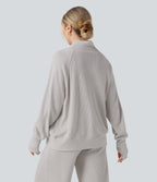 High-neck Long Sleeve Thumb Holes Oversized Waffle Casual Sweatshirt with Pockets — Wind Chime — view 2