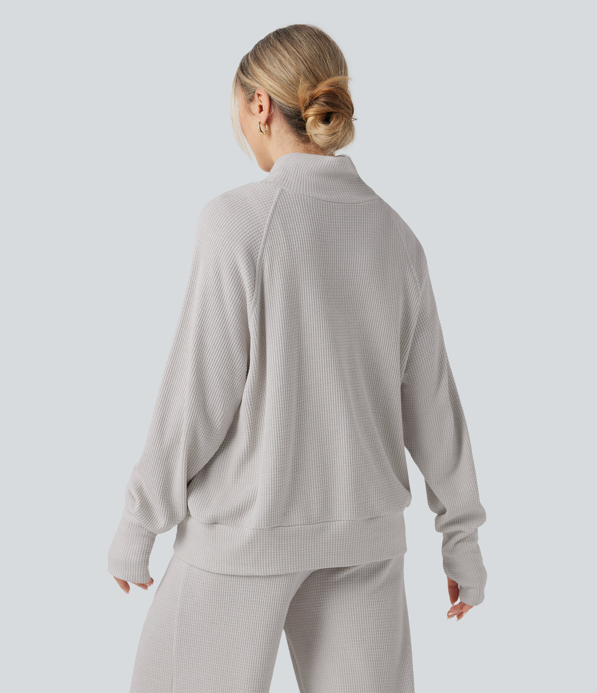 High-neck Long Sleeve Thumb Holes Oversized Waffle Casual Sweatshirt with Pockets — Wind Chime — view 2