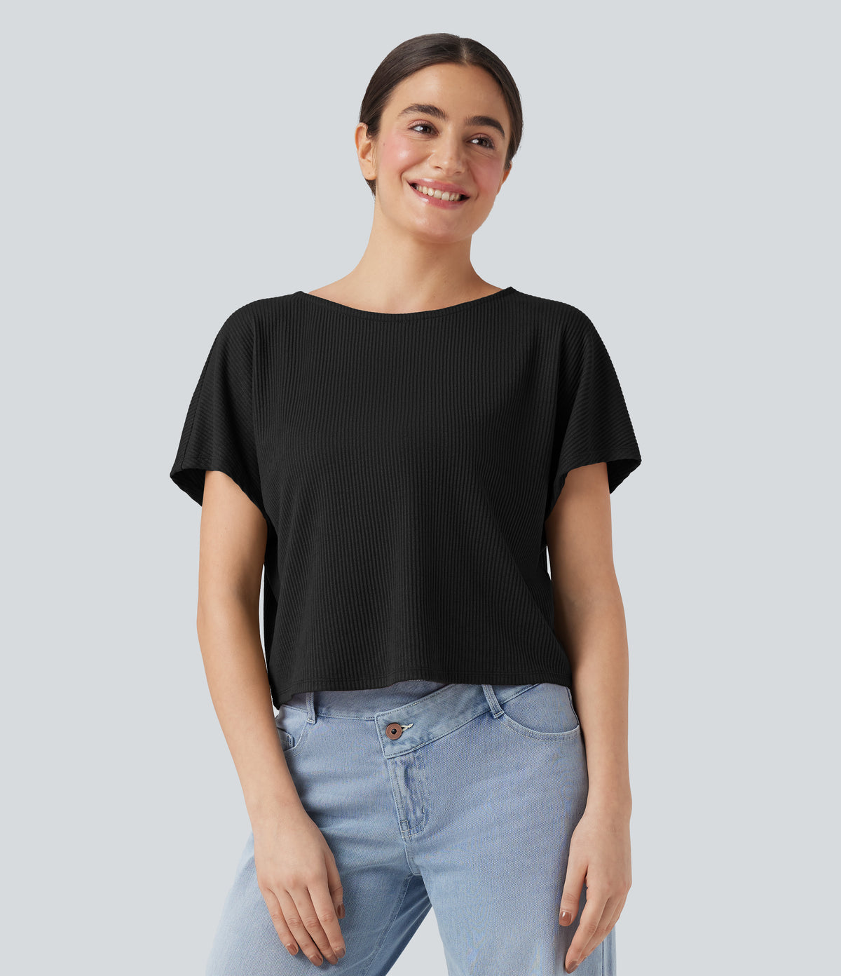 Ribbed Knit Batwing Sleeve Relaxed Casual T-Shirt — Black — view 6