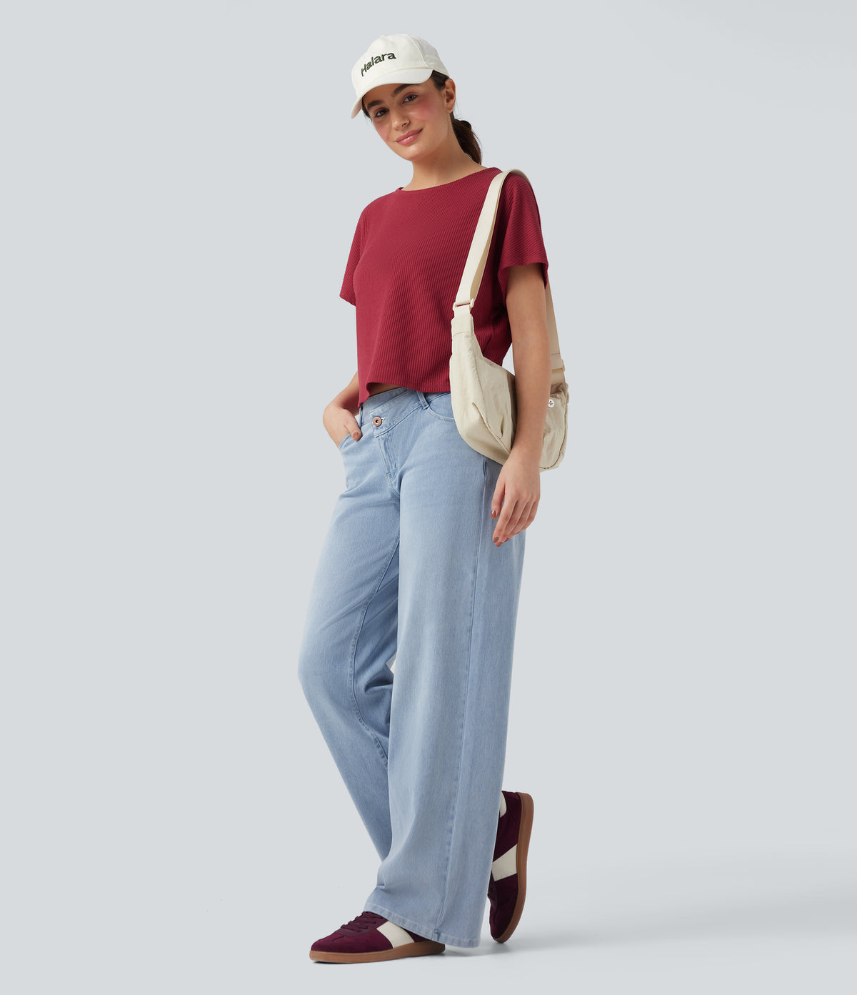Ribbed Knit Batwing Sleeve Relaxed Casual T-Shirt — Karanda Red — view 5