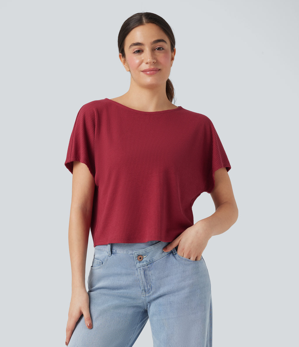 Ribbed Knit Batwing Sleeve Relaxed Casual T-Shirt — Karanda Red — view 1