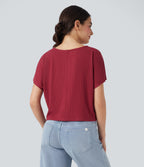 Ribbed Knit Batwing Sleeve Relaxed Casual T-Shirt — Karanda Red — view 2