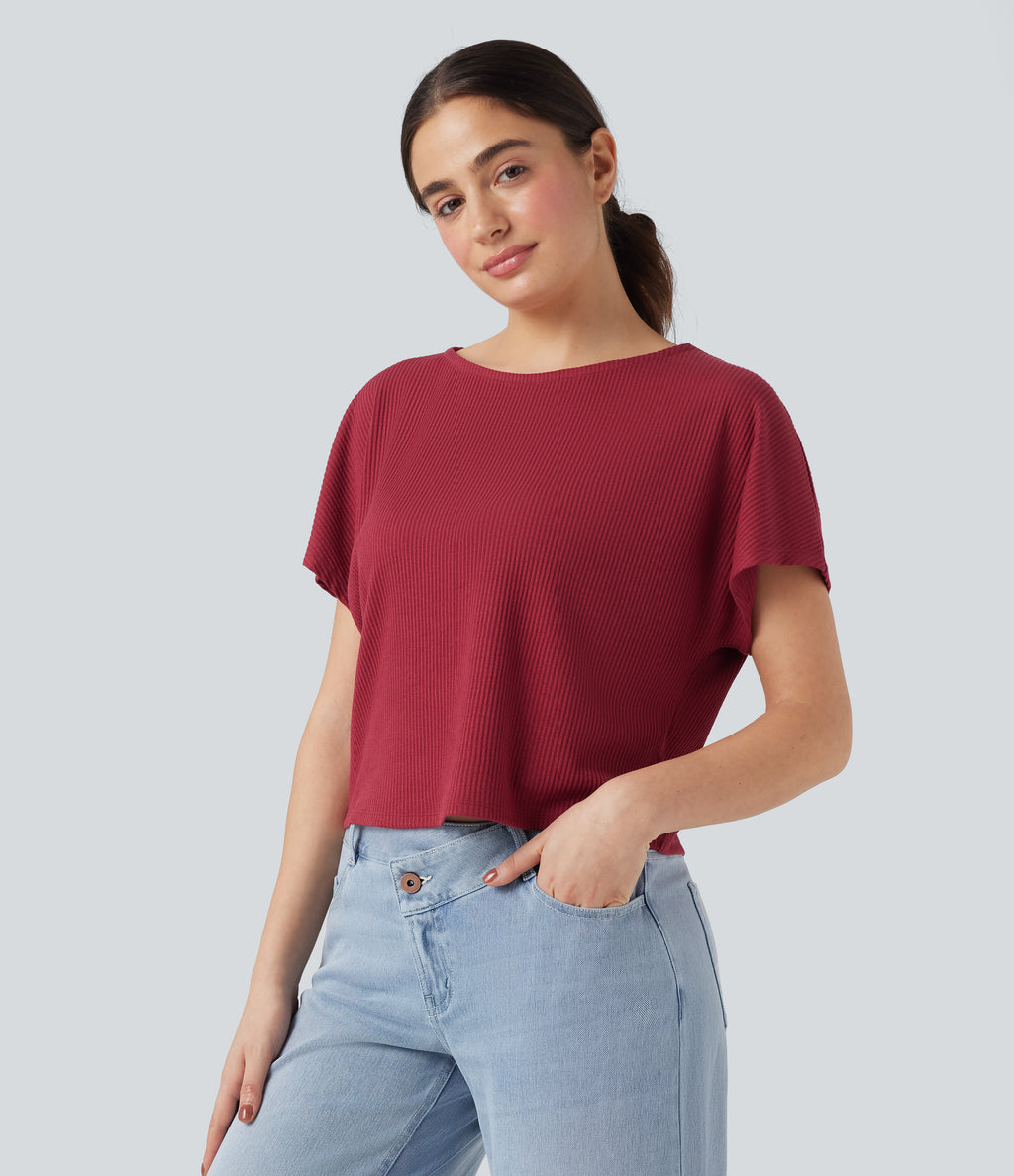 Ribbed Knit Batwing Sleeve Relaxed Casual T-Shirt — Karanda Red — view 3