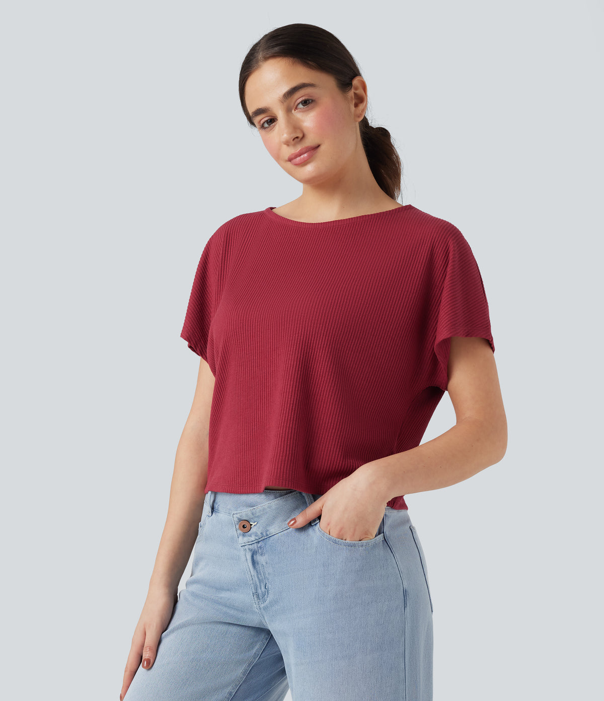 Ribbed Knit Batwing Sleeve Relaxed Casual T-Shirt — Karanda Red — view 3