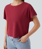 Ribbed Knit Batwing Sleeve Relaxed Casual T-Shirt — Karanda Red — view 4