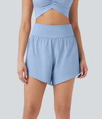 QuickDry High Waisted Tummy Control Reflective Dots Crossover Hem 2-in-1 Running Shorts 5'' with Pockets — Sky Blue — view 4