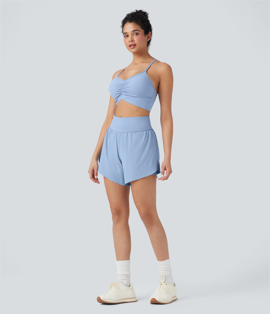 QuickDry High Waisted Tummy Control Reflective Dots Crossover Hem 2-in-1 Running Shorts 5'' with Pockets — Sky Blue — view 8